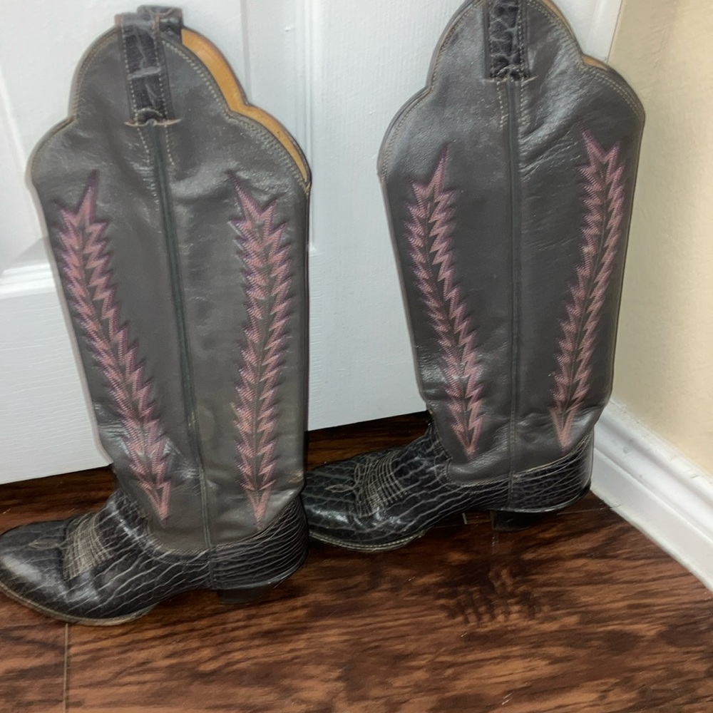 Gray and Pink Western Heeled Boots
